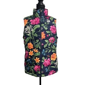 Lands’ End Ladies Navy Blue Floral Down Puffer Vest SZ L